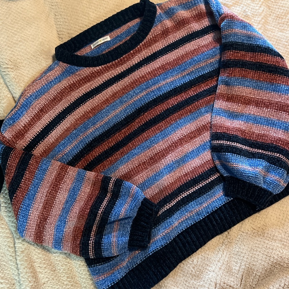 Woven Heart Blue and Brown Striped Sweater